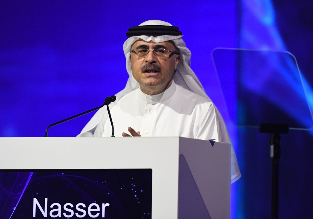 Aramco's CEO Amin Nasser speaks during the 24th World Energy Congress (WEC) in the UAE capital Abu Dhabi on Tuesday. Saudi energy giant Aramco is ready for a two-stage IPO but the timing is up to the government, Nasser said, flagging a possible foreign listing as part of the offering. — AFP