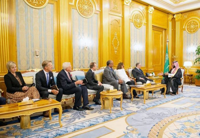 Crown Prince Muhammad Bin Salman, deputy premier and minister of defense, holds talks with Joel Rosenberg, head of the delegation of Evangelical Christian leaders, at Al-Salam Palace in Jeddah on Tuesday. — SPA