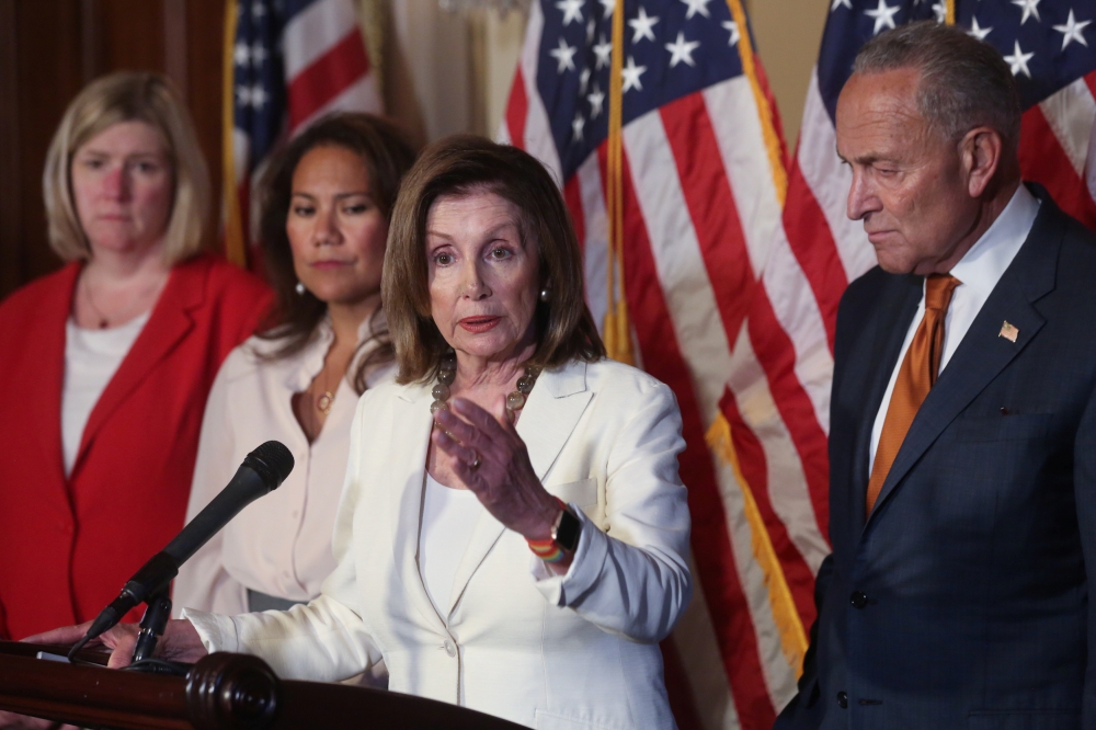 U.S. House Speaker Nancy Pelosi (D-CA) and Senate Minority Leader Chuck Schumer (D-NY), joined by Mayor Nan Whaley of Dayton, Ohio, and Representative Veronica Escobar (D-TX), hold a news conference with fellow congressional Democrats to demand that the U.S. Senate vote on the 