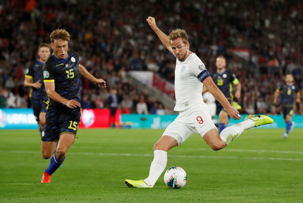 England's Harry Kane scores their second goal during Euro 2020 Qualifier Group A game against Kosovo at St. Mary's Stadium, Southampton, Britain, on Tuesday. — Reuters