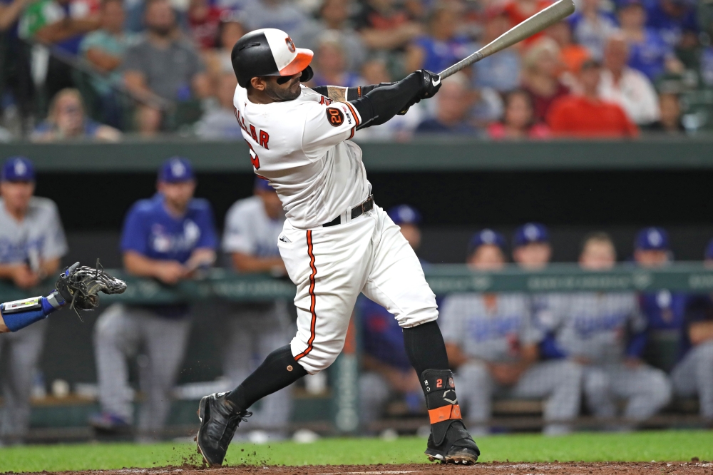 Baltimore Orioles second baseman Jonathan Villar (2) connects on a seventh inning three run home run against Los Angeles Dodgers at Oriole Park at Camden Yards. – Reuters