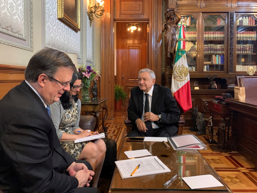 Mexico's President Andres Manuel Lopez Obrador and Mexico's Foreign Minister Marcelo Ebrard take part in a call with US President Donald Trump at the National Palace in Mexico City, Mexico, on Wednesday. — Reuters