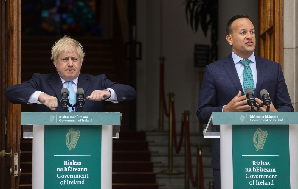 Irish Prime Minister Leo Varadkar, right, and Britain's Prime Minister Boris Johnson give a joint press conference on the steps of the Government buildings in Dublin in this Sept. 9, 2019 file photo. — AFP