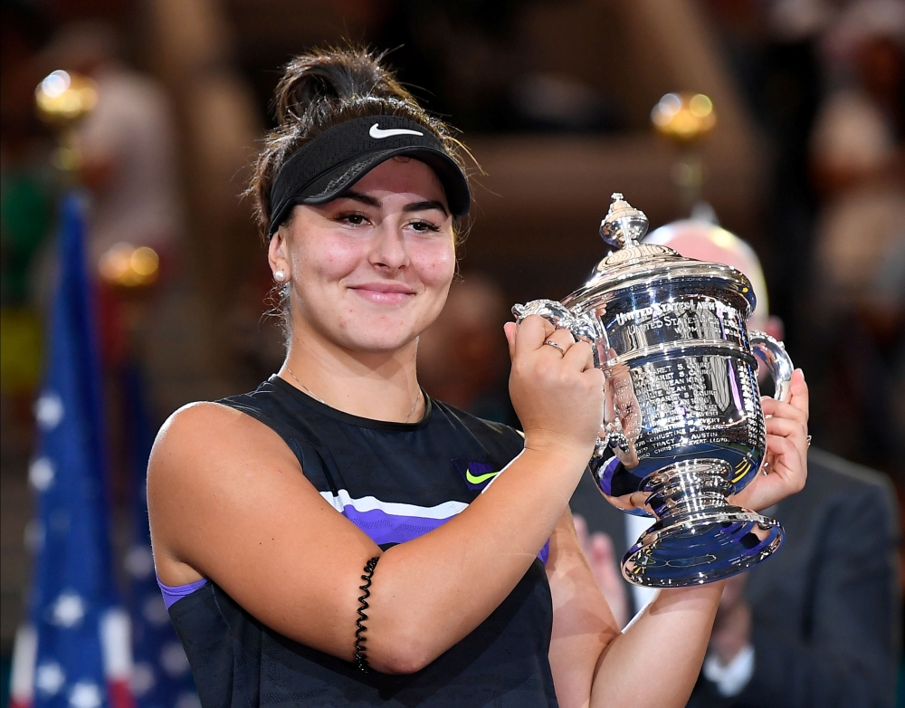 Bianca Andreescu of Canada with the US Open championship trophy after beating Serena Williams of the USA in the women’s singles final on day thirteen of the 2019 US Open tennis tournament at USTA Billie Jean King National Tennis Center. — AFP