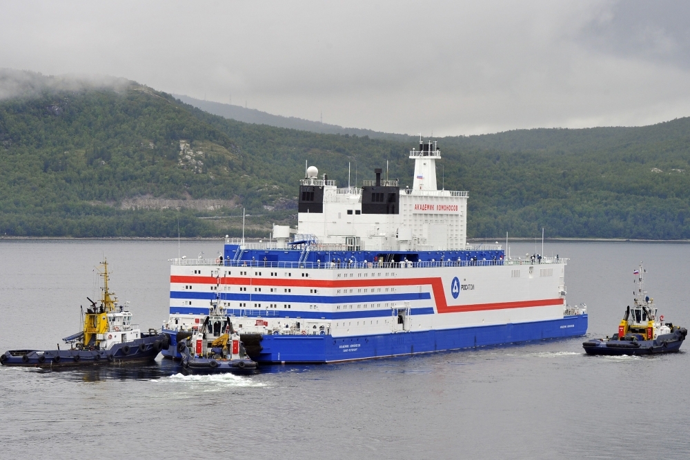 This file handout picture taken and released on Aug. 23, 2019, by the Russian nuclear agency ROSATOM shows the floating power unit (FPU) Akademik Lomonosov being towed from the Arctic port of Murmansk, northwestern Russia. The world's first floating nuclear power plant, developed by Russia, arrived on Saturday at its permanent parking port in Pevek, Russia's Far East, after traveling 5,000 kilometers in the Arctic. — AFP