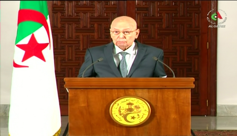 An image grab from the Algerian national television channel on September 15, 2019, shows Algerian interim President Abdelkader Bensalah addressing the nation. Bensalah announced that the Algerian presidential elections will take place on December 12, 2019. -AFP