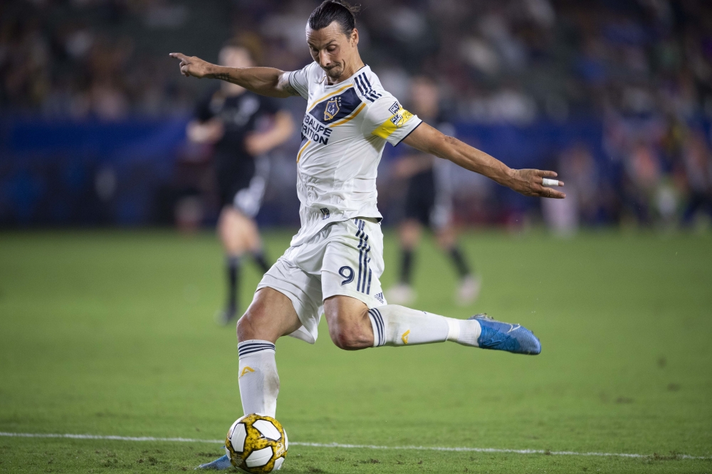 Zlatan Ibrahimovic (9) shoots for a goal during the second half against Sporting Kansas City at StubHub Center, Carson, CA, USA. — Reuters