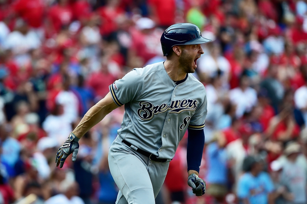 Milwaukee Brewers left fielder Ryan Braun (8) celebrates after hitting a grand slam off of St. Louis Cardinals relief pitcher Junior Fernandez (not pictured) during the ninth inning at Busch Stadium in St. Louis, MO, USA. — Reuters