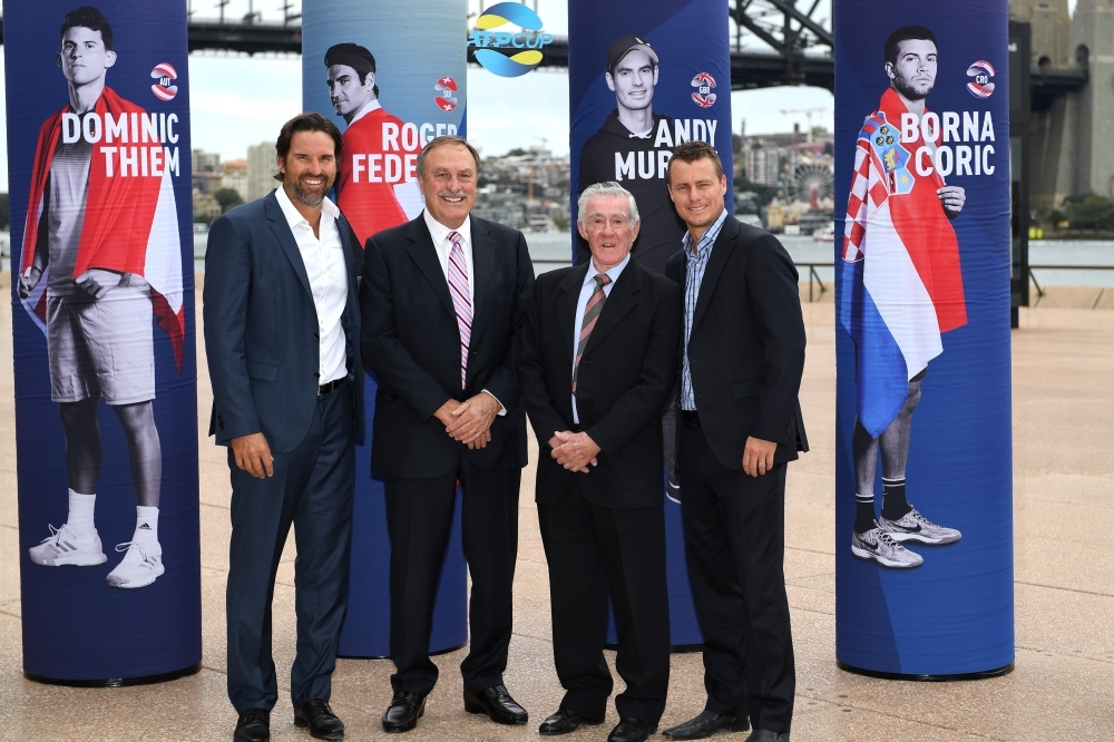 Australia's former tennis players (L-R), Pat Rafter, John Newcombe, Ken Rosewall and Lleyton Hewitt pose for photos after an event for the ATP Cup draws in Sydney, on Monday. World number one Novak Djokovic will begin his 2020 season in Brisbane, Rafael Nadal in Perth and Roger Federer in Sydney after draw for the ATP Cup, the new world tennis team event. — AFP
