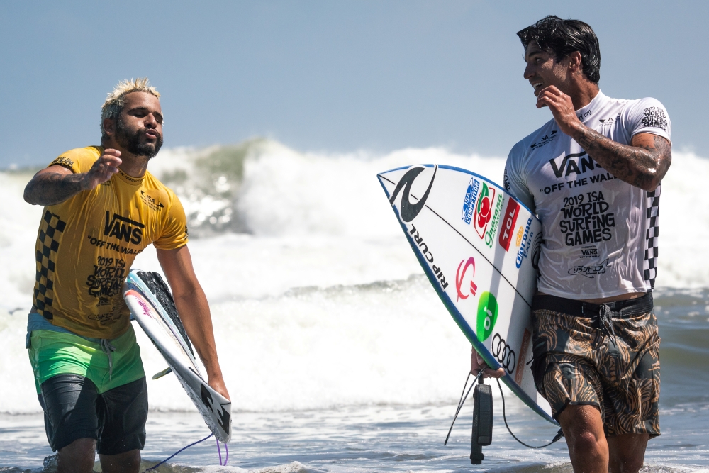 Brazil's Italo Ferreira and compatriot Gabriel Medina during the International Surfing Association’s World Surfing Games in Miyazaki, on Sunday. — Reuters