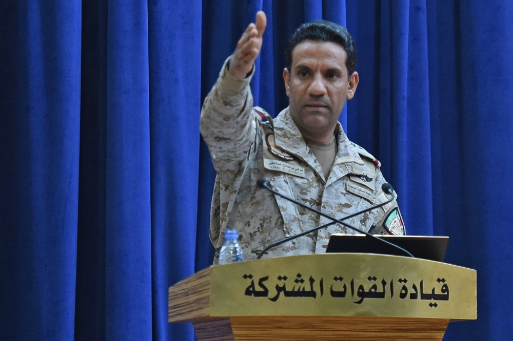 Coalition spokesperson Col. Turki Al-Maliki gestures during a press conference in Riyadh on Monday. The weapons used to strike two Saudi oil plants were provided by Iran, the spokesman said. — AFP