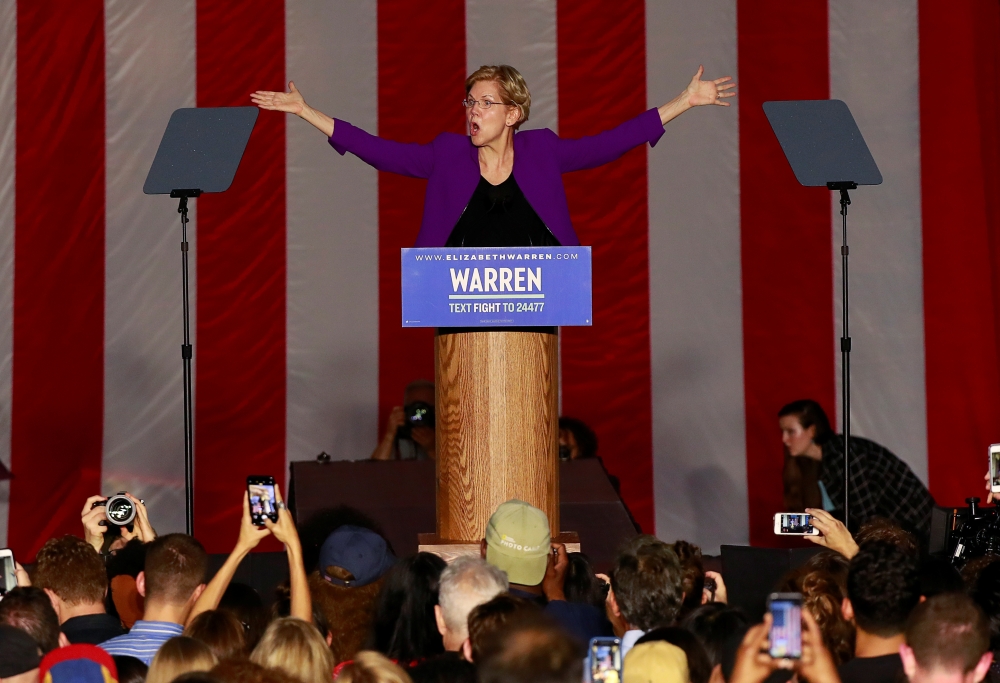 US Senator and democratic presidential candidate Elizabeth Warren speaks at Washington Square Park in New York on Monday. -Reuters