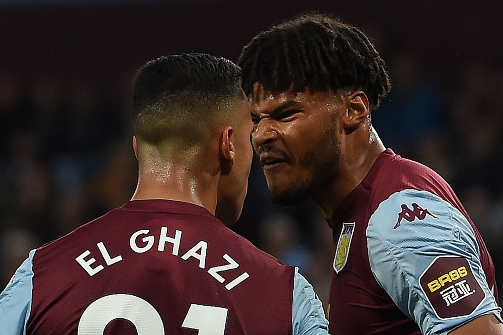 Aston Villa's Dutch striker Anwar El Ghazi (L) remonstrates with teammate Aston Villa's English defender Tyrone Mings during the English Premier League football match between Aston Villa and West Ham United at Villa Park in Birmingham, central England, on Monday. — AFP