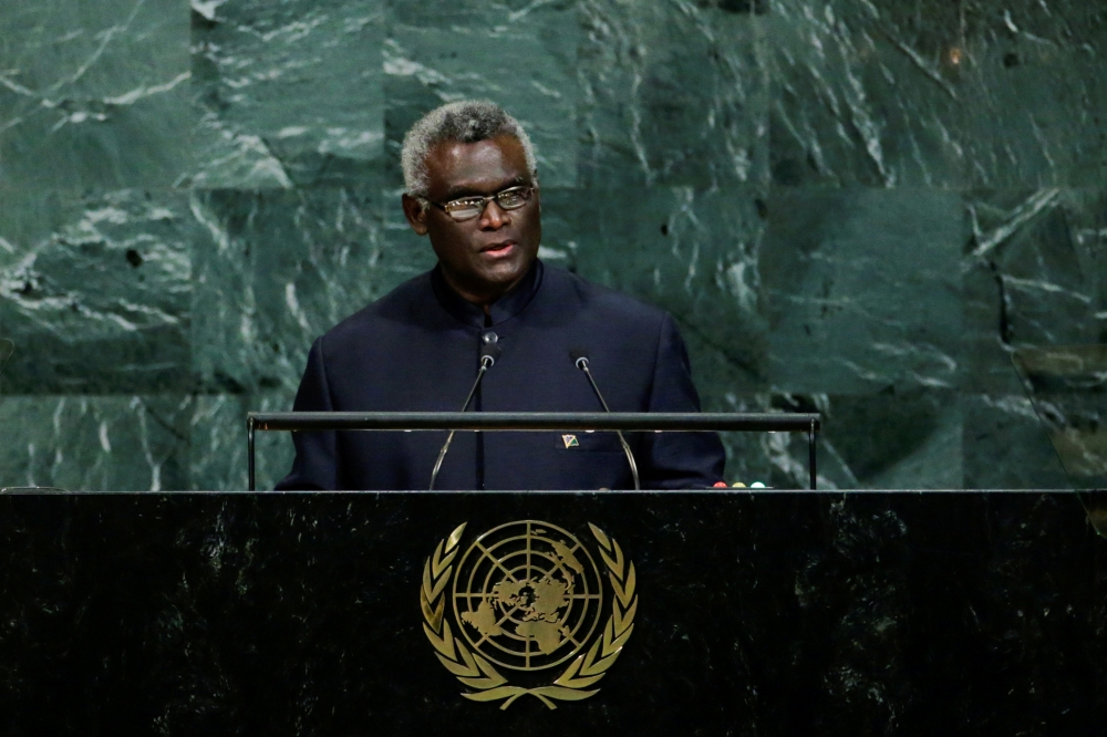 Solomon Islands Prime Minister Manasseh Sogavare addresses the 72nd United Nations General Assembly at UN headquarters in New York, in this Sept. 22, 2017 file photo. — Reuters