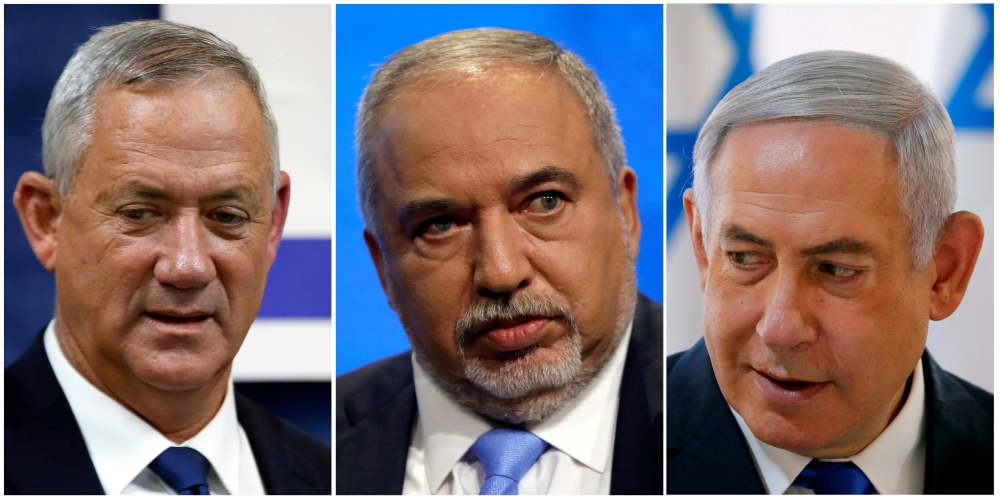 A combination of file pictures shows leader of Blue and White party, Benny Gantz, left, Avigdor Lieberman, head of Yisrael Beitenu party, center, and Israeli Prime Minister Benjamin Netanyahu. — AFP 