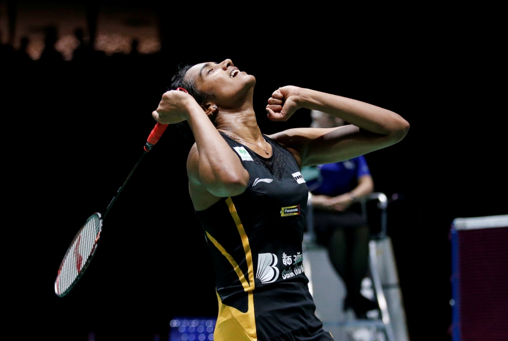 India's Pusarla Sindhu reacts during her final women's singles match against Japan's Nozomi Okuhara in the 2019 Badminton World Championships at the St. Jakobshalle Basel, Basel, Switzerland on Aug. 25, 2019. — Reuters