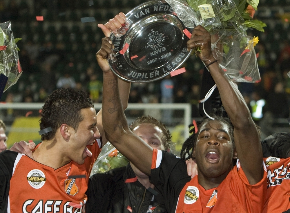 In this file photo taken on April 18, 2008, FC Volendam's Kelvin Maynard (R) celebrates winning the championship with his teammates. Former professional football player Maynard died on Wednesday in Amsterdam of the consequences of a shooting. — Reuters