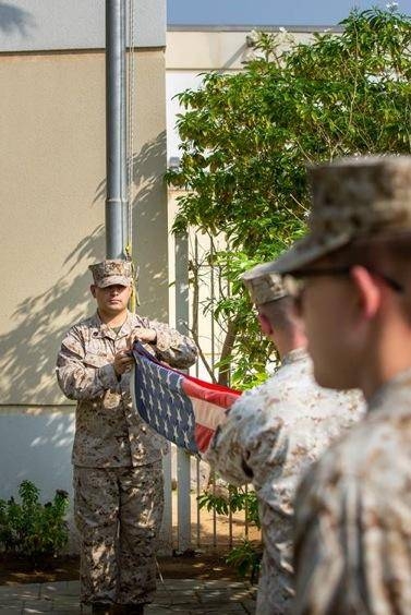 US Consulate General Jeddah’s Marine Security Guard Detachment lowers the flag at the former location in Al-Hamra district for the last time after 65 years on Sept. 20. The flag was raised shortly thereafter at the new Consulate in Al-Mohammadiyah District. — Courtesy photo