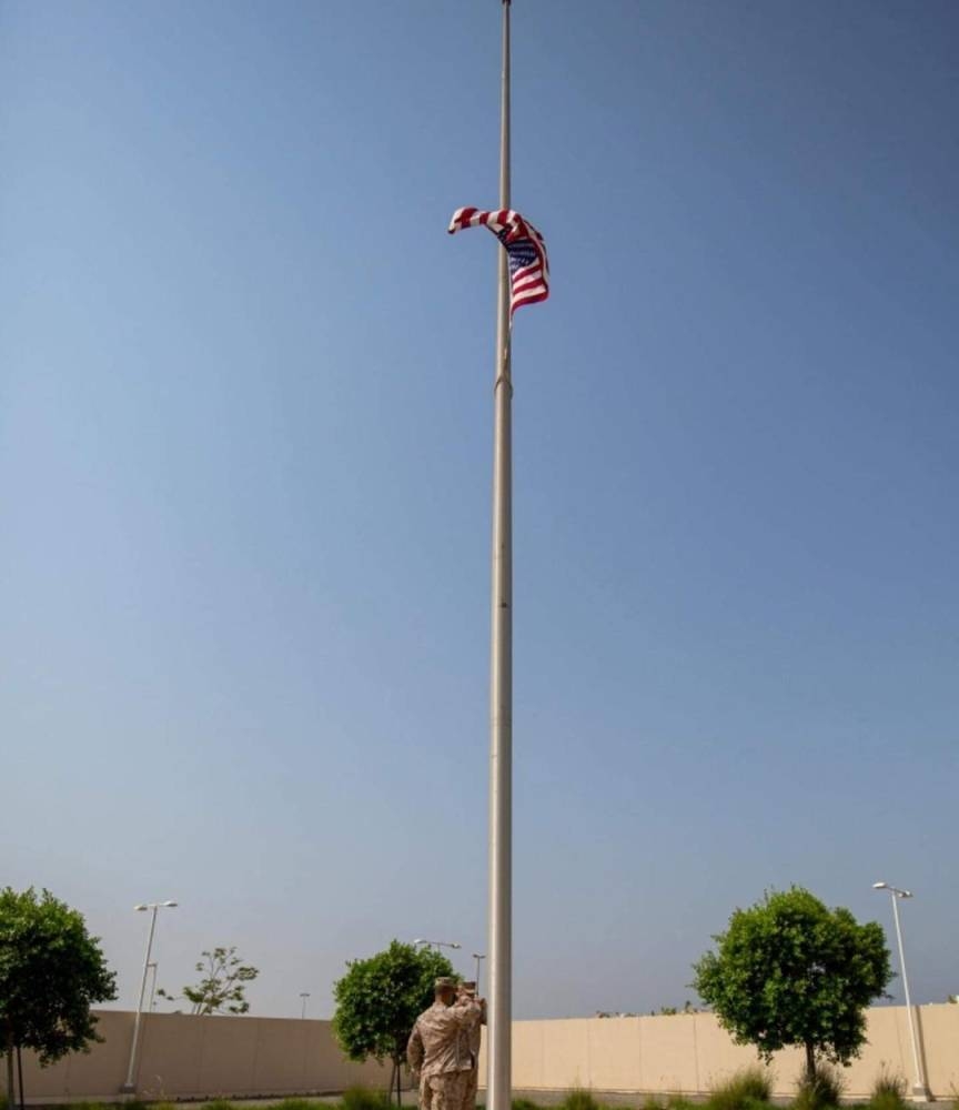 US Consulate General Jeddah’s Marine Security Guard Detachment lowers the flag at the former location in Al-Hamra district for the last time after 65 years on Sept. 20. The flag was raised shortly thereafter at the new Consulate in Al-Mohammadiyah District. — Courtesy photo