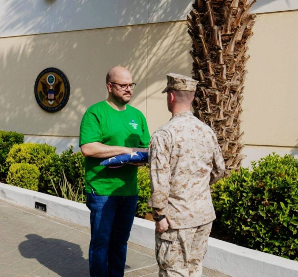 US Consulate General Jeddah’s Marine Security Guard Detachment lowers the flag at the former location in Al-Hamra district for the last time after 65 years on Sept. 20. The flag was raised shortly thereafter at the new Consulate in Al-Mohammadiyah District. — Courtesy photo