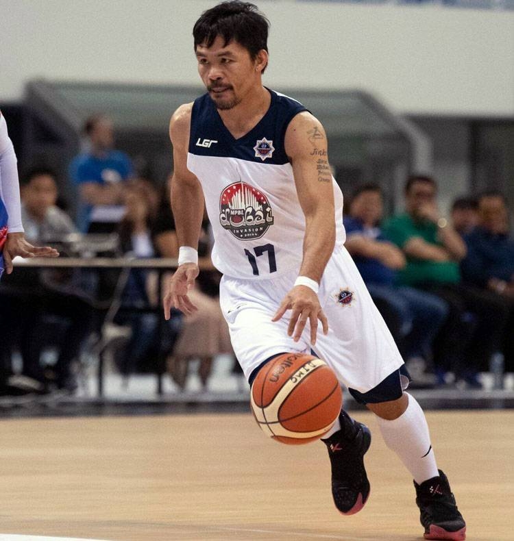 Philippine Senator Manny Pacquiao thrilled the sizable Filipino crowd with his offensive prowess  in the Maharlika Pilipinas Basketball League’s Dubai Invasion 2019. — Courtesy photo by Kelvin Montablo