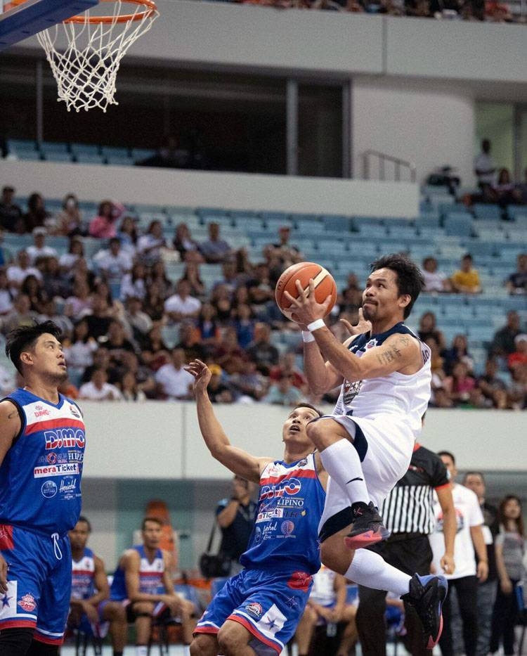 Philippine Senator Manny Pacquiao thrilled the sizable Filipino crowd with his offensive prowess  in the Maharlika Pilipinas Basketball League’s Dubai Invasion 2019. — Courtesy photo by Kelvin Montablo