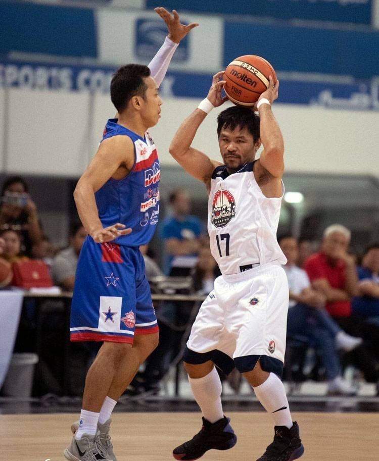 Philippine Senator Manny Pacquiao thrilled the sizable Filipino crowd with his offensive prowess  in the Maharlika Pilipinas Basketball League’s Dubai Invasion 2019. — Courtesy photo by Kelvin Montablo
