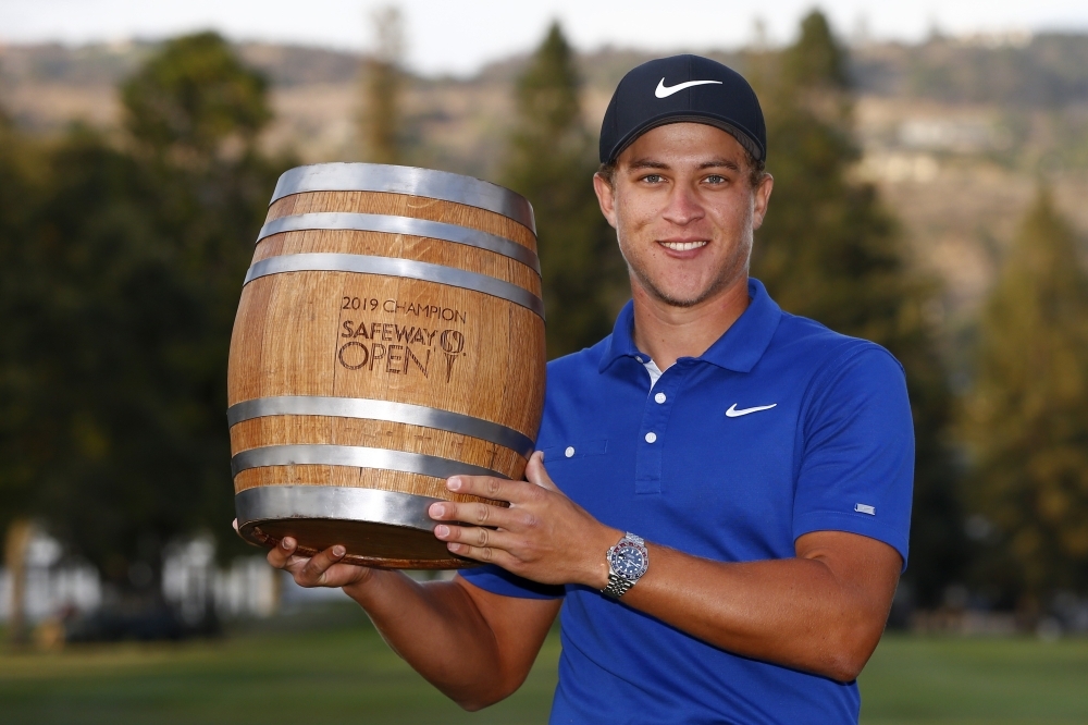 Cameron Champ poses with the trophy after winning the final round of the Safeway Open at the Silverado Resort in Napa, California, on Sunday.— AFP