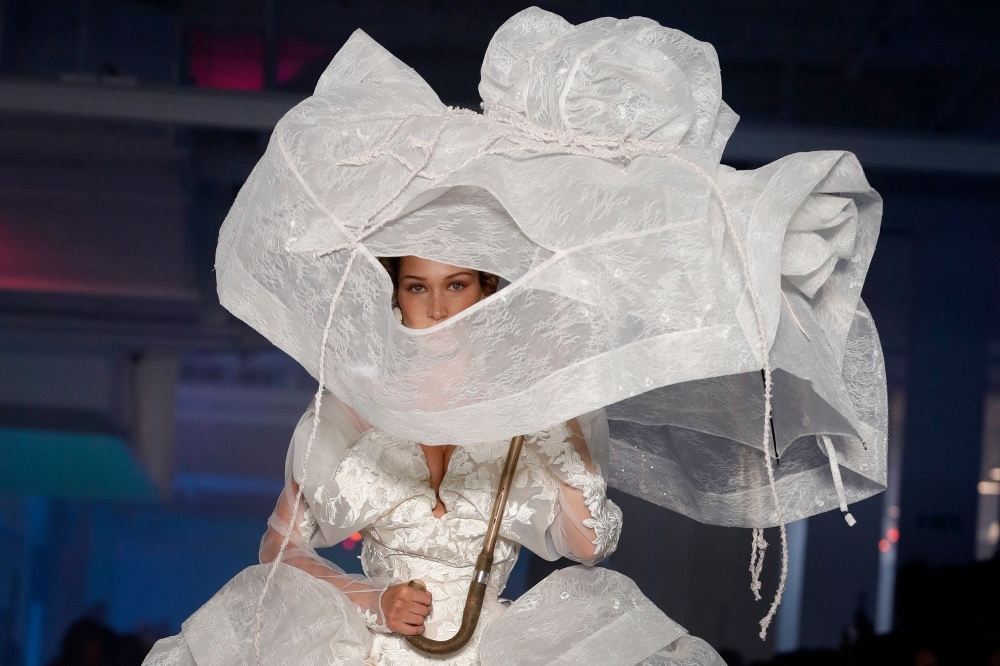 US model Bella Hadid presents a creation by Vivienne Westwood during the Women's Spring-Summer 2020 Ready-to-Wear collection fashion show in Paris, on Sunday. — AFP