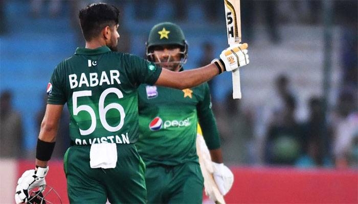 Pakistan's Babar Azam celebrates after scoring a century against Sri Lanka in the second day-night international in Karachi, on Monday. — Courtesy photo