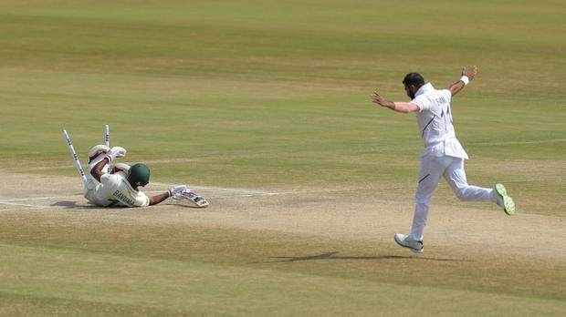 India's Mohammed Shami holds a stump broken by him after winning over South Africa during the first cricket test match at Dr YS Rajasekhara Reddy ACA-VDCA Cricket Stadium, in Visakhapatnam, on Sunday. — Courtesy photo