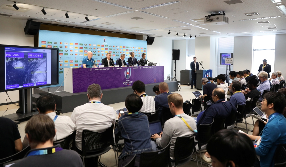 World Rugby officials give an update on preparations for Typhoon Hagibis in Tokyo, Japan, on Thursday. — Reuters
