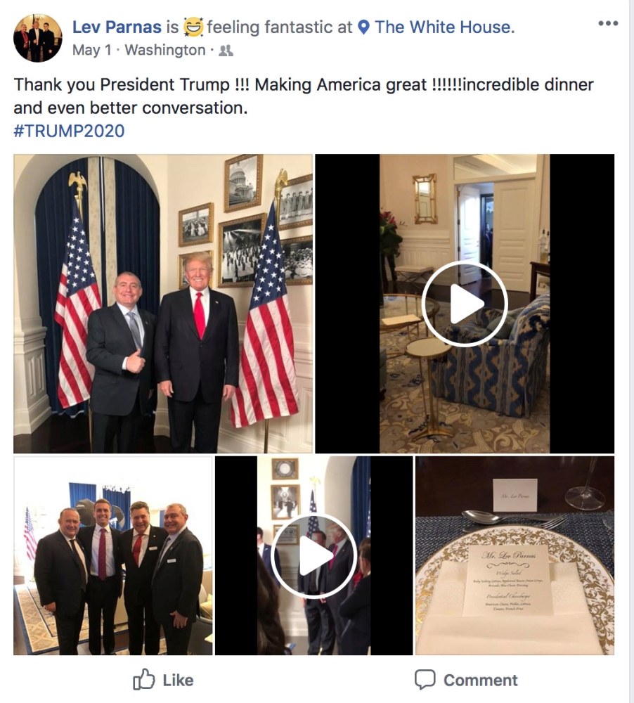 Ukrainian-American businessman Lev Parnas is seen in a 2018 social media post appearing to show him at the White House with US President Donald Trump in a screen capture from his social media account made in 2018 by the Campaign Legal Center and released by them after his arrest on federal campaign finance violation charges in Washington, US Thursday. — Reuters
