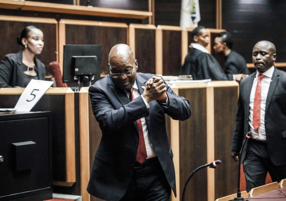 Former South African President Jacob Zuma is pictured at the High Court, where he is seeking a permanent stay of prosecution on charges of corruption, in Pietermaritzburg, South Africa, on Friday. — AFP