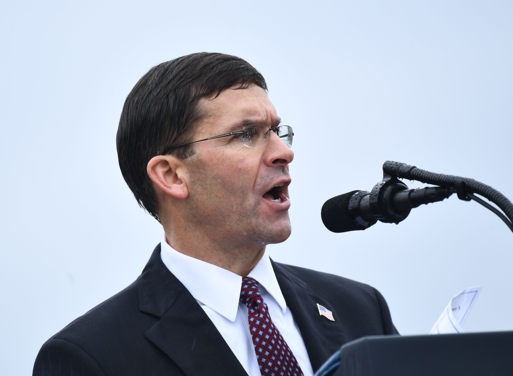 US Secretary of Defense Mark Esper speaks at Summerall Field, Joint Base Myer-Henderson Hall, Virginia, in this Sept. 30, 2019 file photo. — AFP