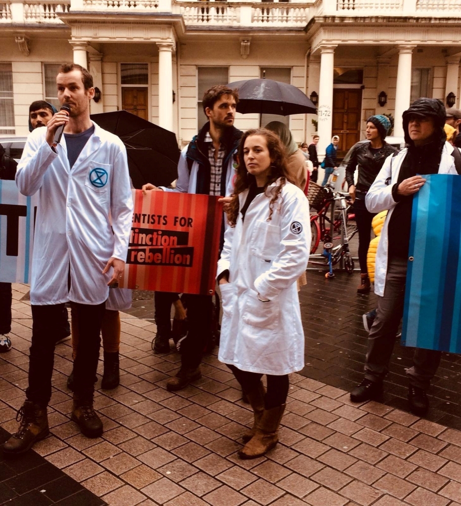 Scientists aligned with Extinction Rebellion gather in London, Britain to declare their support of mass civil disobedience to force governments to act on climate change, on Saturday. -Reuters