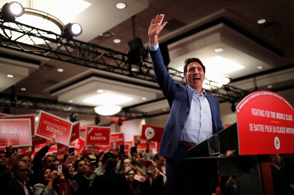 Liberal leader and Canadian Prime Minister Justin Trudeau attends a rally during an election campaign visit to Mississauga, Ontario, Canada on Saturday. -Reuters