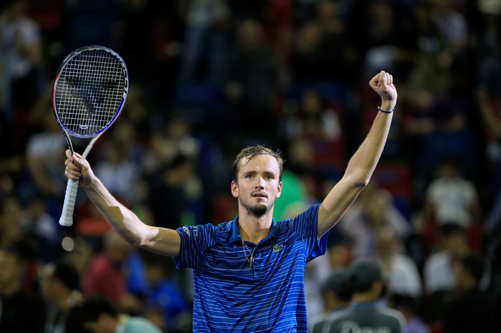 Daniil Medvedev of Russia celebrates with the trophy after winning the Shanghai Masters final against Alexander Zverev of Germany at Qi Zhong Tennis Center, Shanghai, China, on Sunday. — Reuters
