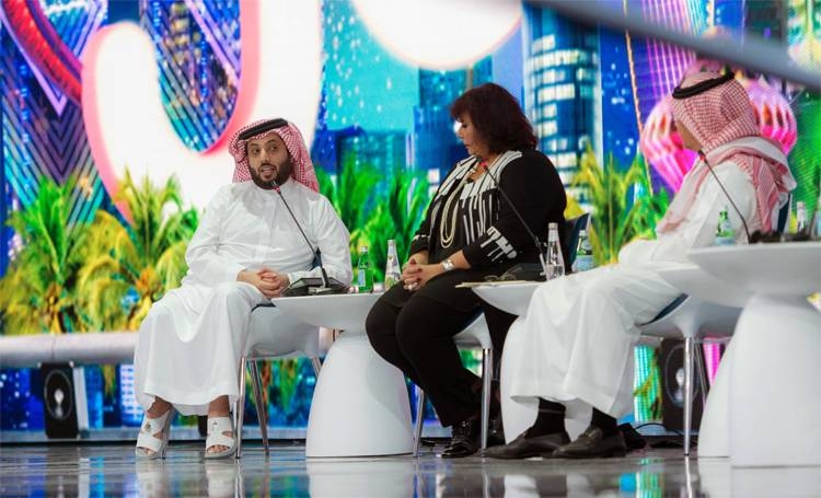 Turki Al-Sheikh, chairman of the General Entertainment Authority and head of the Riyadh Season, left, speaking during one of the sessions at the Joy Entertainment Industry Forum in Riyadh on Sunday. Okaz/SG photo by Sami Bugis
