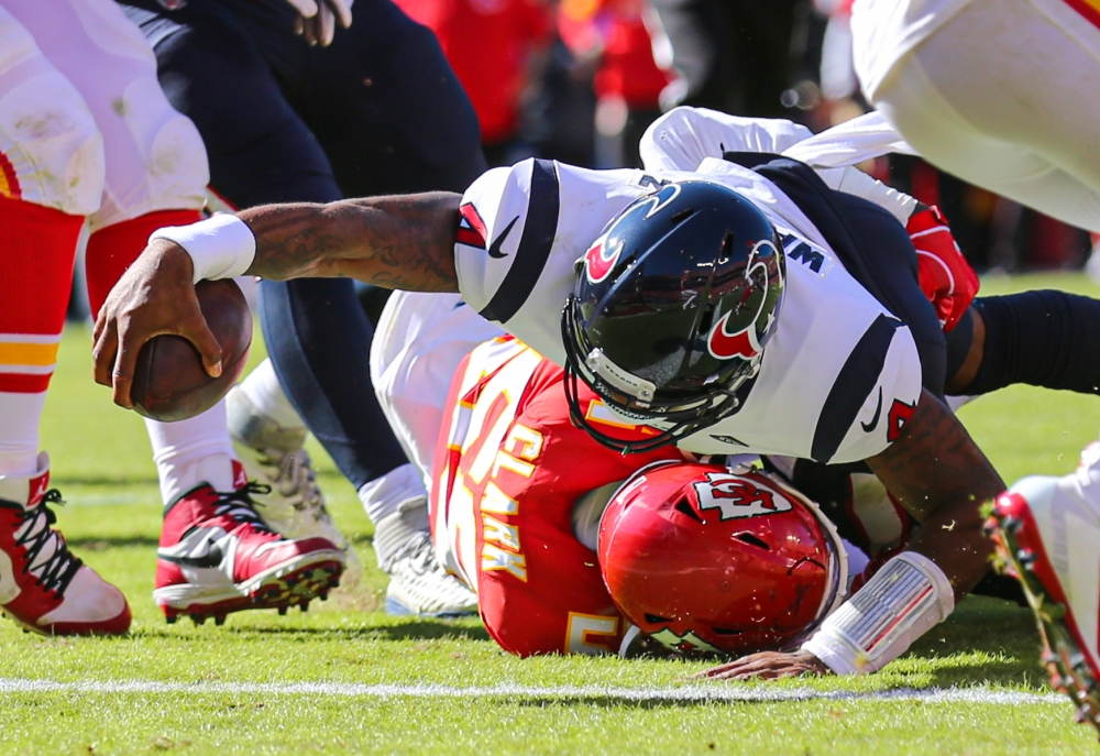 Houston Texans quarterback Deshaun Watson (4) reaches for the end zone to score a touchdown against the Houston Texans during the second half at Arrowhead Stadium in Kansas City, MO, USA, on Sunday. — Reuters