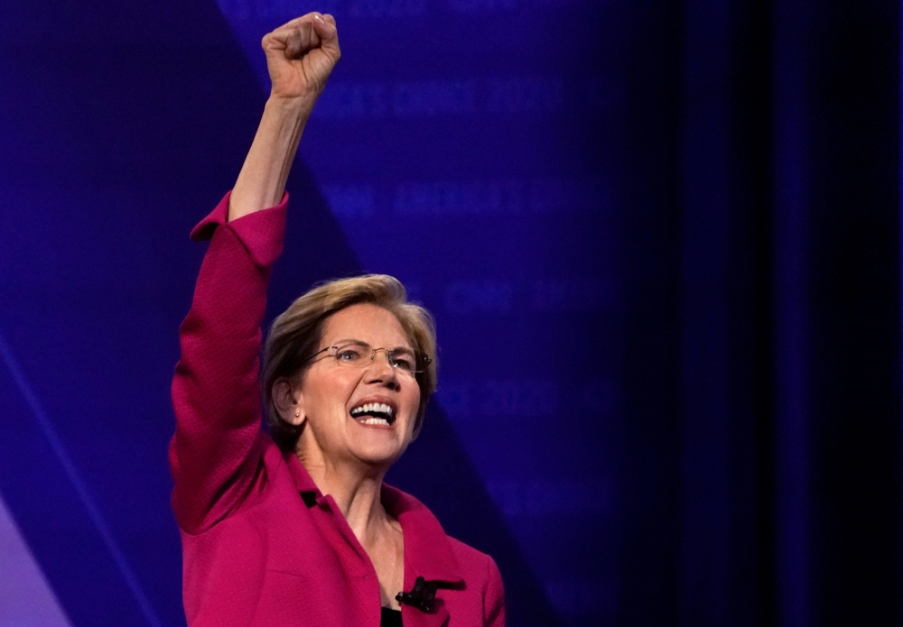 Democratic 2020 US presidential candidate Senator Elizabeth Warren (D-MA) gestures in a televised townhall on CNN in Los Angeles, California, in this Oct. 10, 2019 file photo. — Reuters