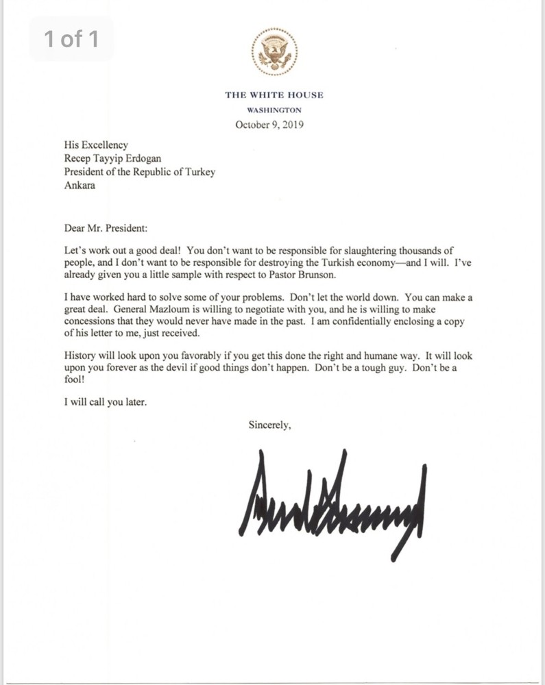 This image widely distributed on Social Media on Wednesday in Washington shows the letter sent on Oct. 9 by Us President Donald Trump to Turkish President Recep Tayyip Erdogan warning of economic sanctions after the Turkish intervention in Northern Syria. The White House confirmed the authenticity of the letter. — AFP
