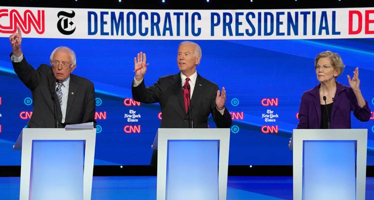 Democratic presidential candidate Senator Bernie Sanders, former Vice President Joe Biden and Senator Elizabeth Warren debate during the fourth US Democratic presidential candidates 2020 election debate in Westerville, Ohio, US, Oct. 15, 2019.  — Reuters