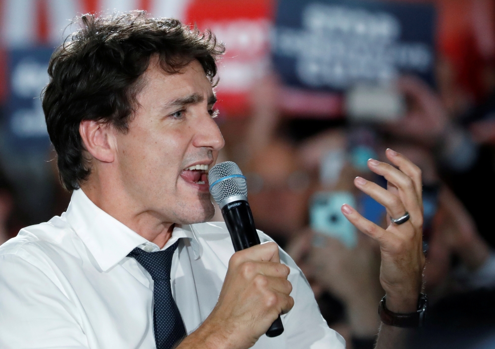 Liberal leader and Canadian Prime Minister Justin Trudeau takes part in a rally as he campaigns for the upcoming election, in Calgary, Alberta, Canada Sunday. — Reuters
