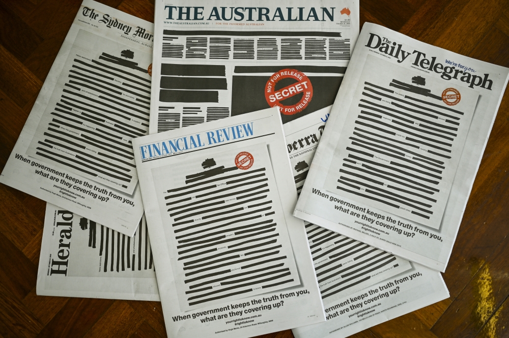 Front pages of major Australian newspapers show a 'Your right to know