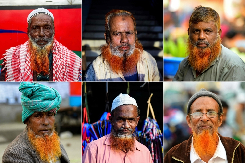 This combination of pictures created on Jan. 24, 2019 shows men with henna-dyed beards in Dhaka on Dec. 24, 2018. — AFP