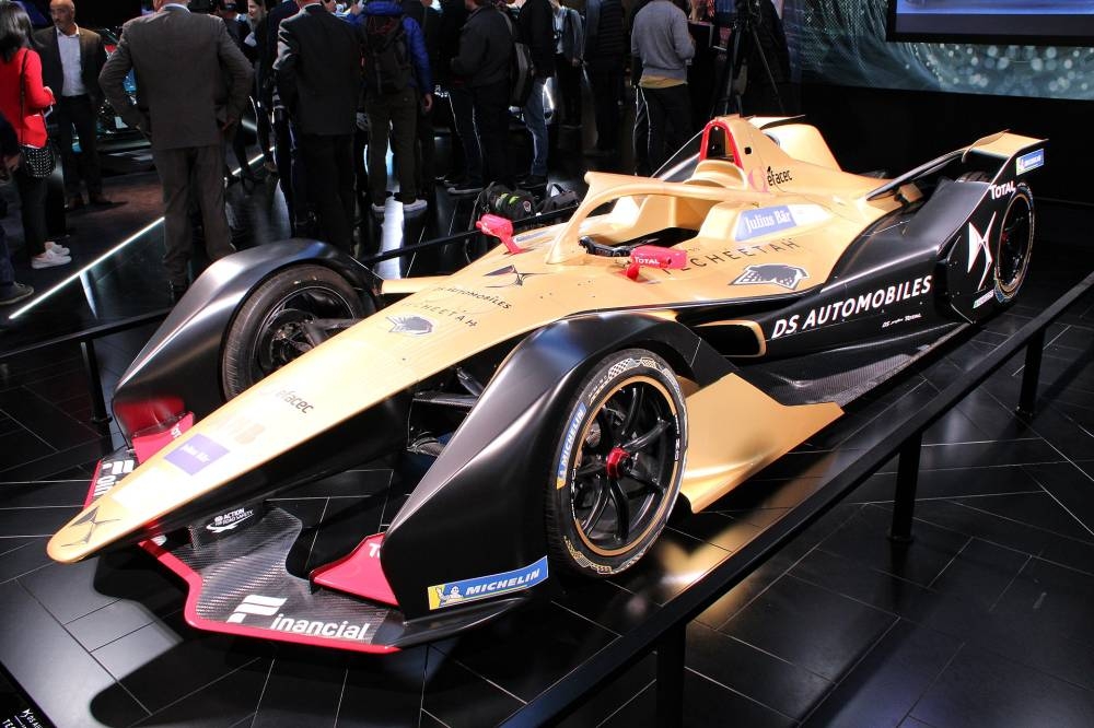 The Spark SRT05e (pictured in black and gold Techeetah livery at the 2018 Paris Motor Show) made its Formula E competition debut in the Diriyah E Prix. — Courtesy photo