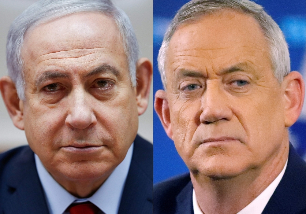 This file combo image created on April 2, 2019 shows Israeli Prime Minister Benjamin Netanyahu, left, attending the weekly Cabinet meeting at the Prime Minister's office in Jerusalem on Dec. 9, 2018 and retired Israeli general Benny Gantz, one of the leaders of the Blue and White (Kahol Lavan) political alliance, at a press conference in Tel Aviv on April 1, 2019. — AFP