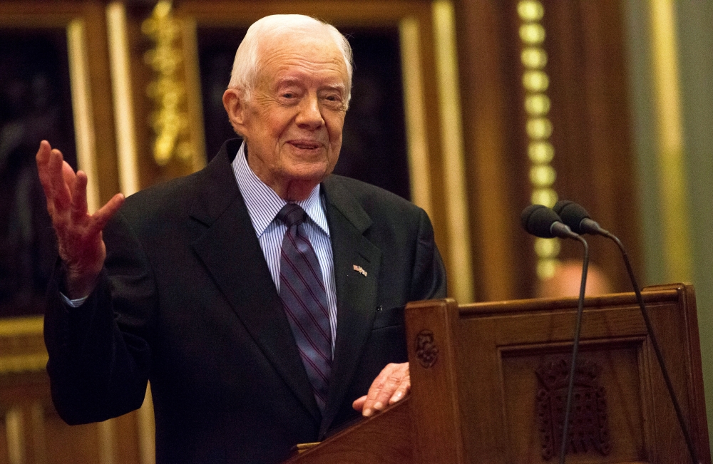 Former US President Jimmy Carter delivers a lecture on the eradication of the Guinea worm at the House of Lords in London in this Feb. 3, 2016 file photo. — Reuters