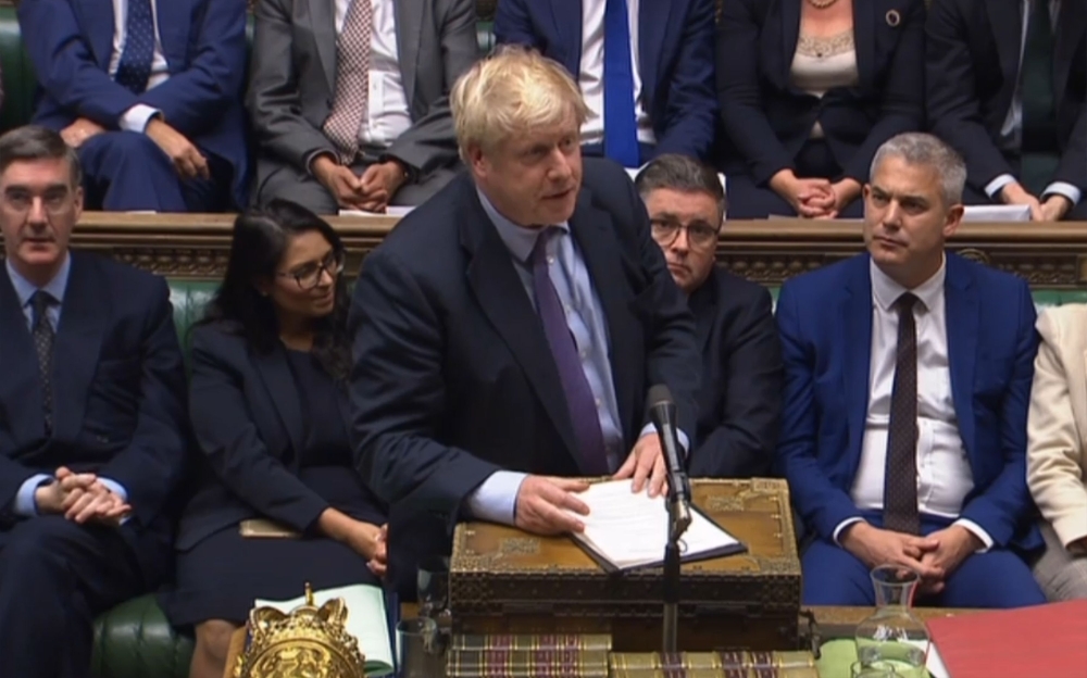 A video grab from footage broadcast by the UK Parliament's Parliamentary Recording Unit (PRU) shows Britain's Prime Minister Boris Johnson speaking after the program motion setting out the proposed timetable for the Brexit withdrawal Agreement Bill was defeated in a vote in the House of Commons in London on Tuesday. — AFP